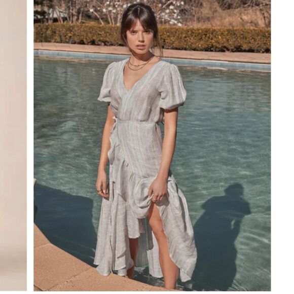 Maggie The Label 100% Linen Stevie Ruffled Wrap Dress Mint Grey Australia - Picture 1 of 12